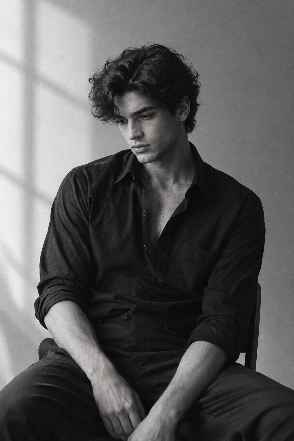 A young man with thick wavy hair in a black dress shirt, seated in a minimalist studio under soft window light from the left