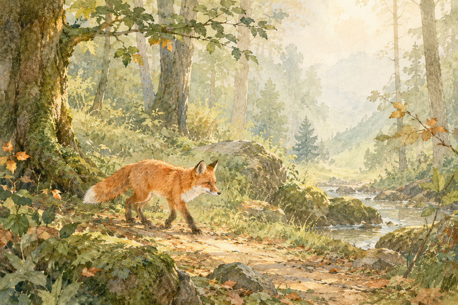 A watercolor illustration of a small red fox walking through a quiet forest in a muted green and warm orange palette