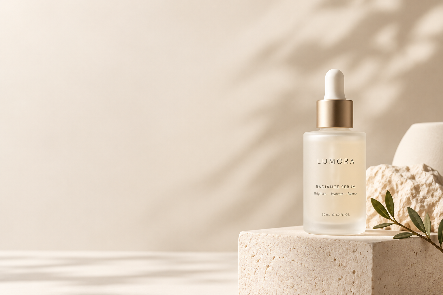 A frosted glass serum bottle on a cream-colored pedestal in a minimalist skincare advertisement