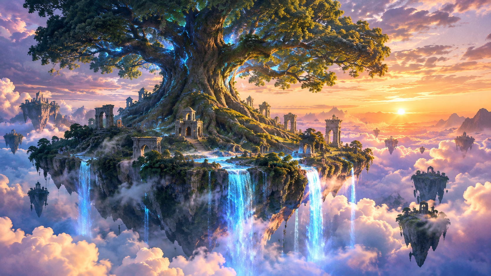 A colossal ancient tree growing from a floating island above the clouds, with blue waterfalls and stone ruins around its roots