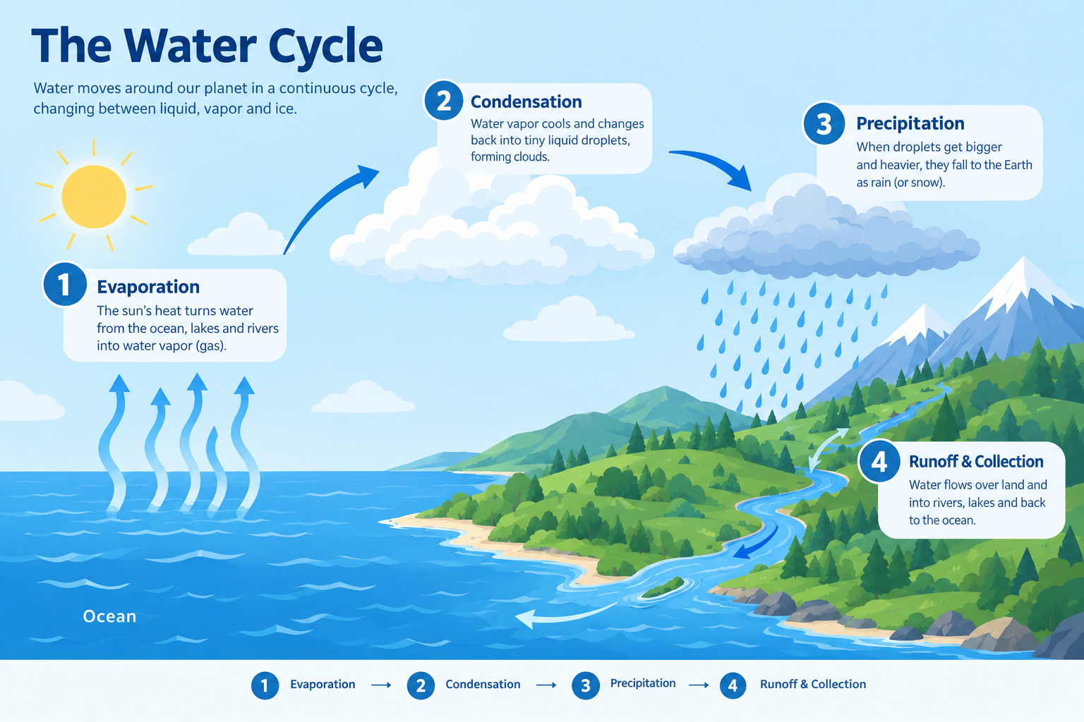An educational infographic explaining the water cycle, from evaporation over the ocean to condensation, precipitation and collection