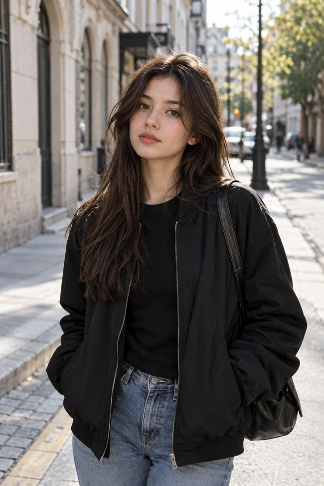 A young woman on a city street from a neutral eye-level angle