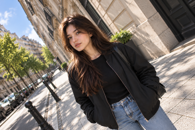 A street portrait framed with a clearly tilted horizon