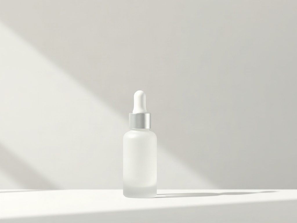 A frosted glass serum bottle with a matte white dropper cap on a pale ivory surface against a soft cool-gray background