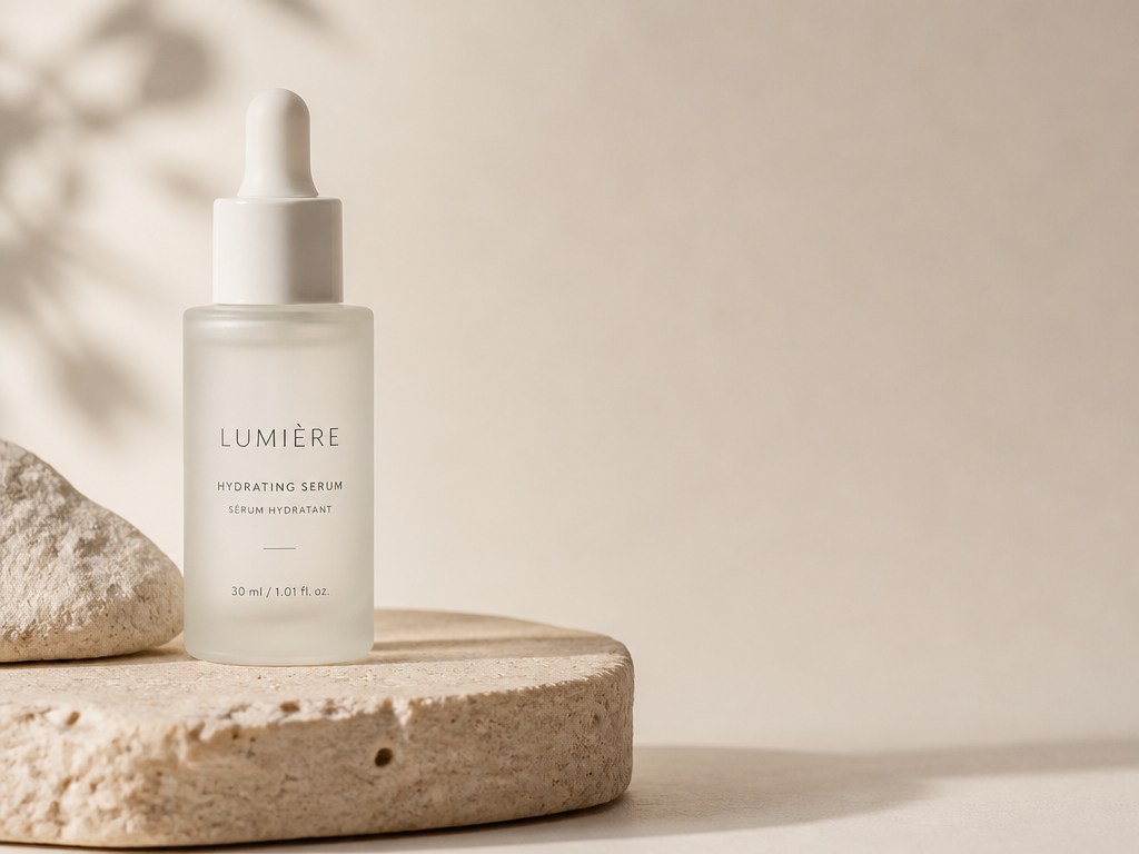 A frosted glass serum bottle with a simple dropper cap on a warm beige stone pedestal, lit softly from the upper left