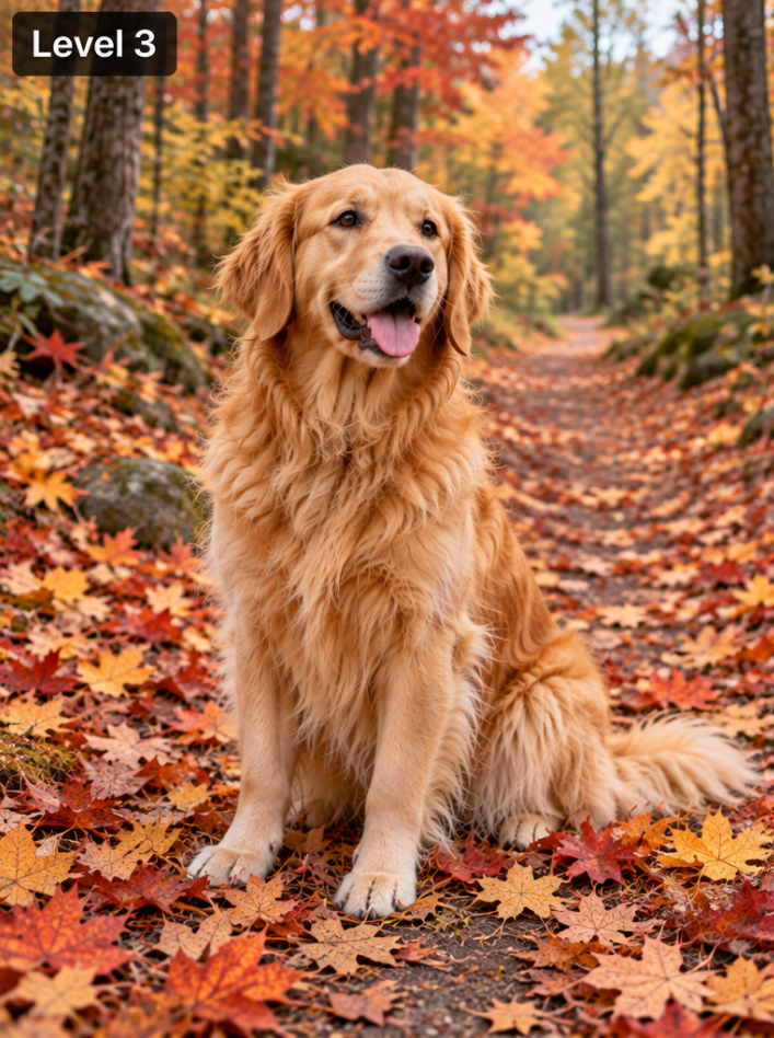 A golden retriever sitting on an autumn forest path covered in leaves
