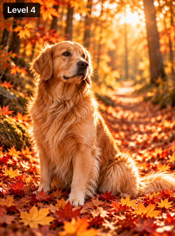 A golden retriever in a forest with warm golden-hour light behind it