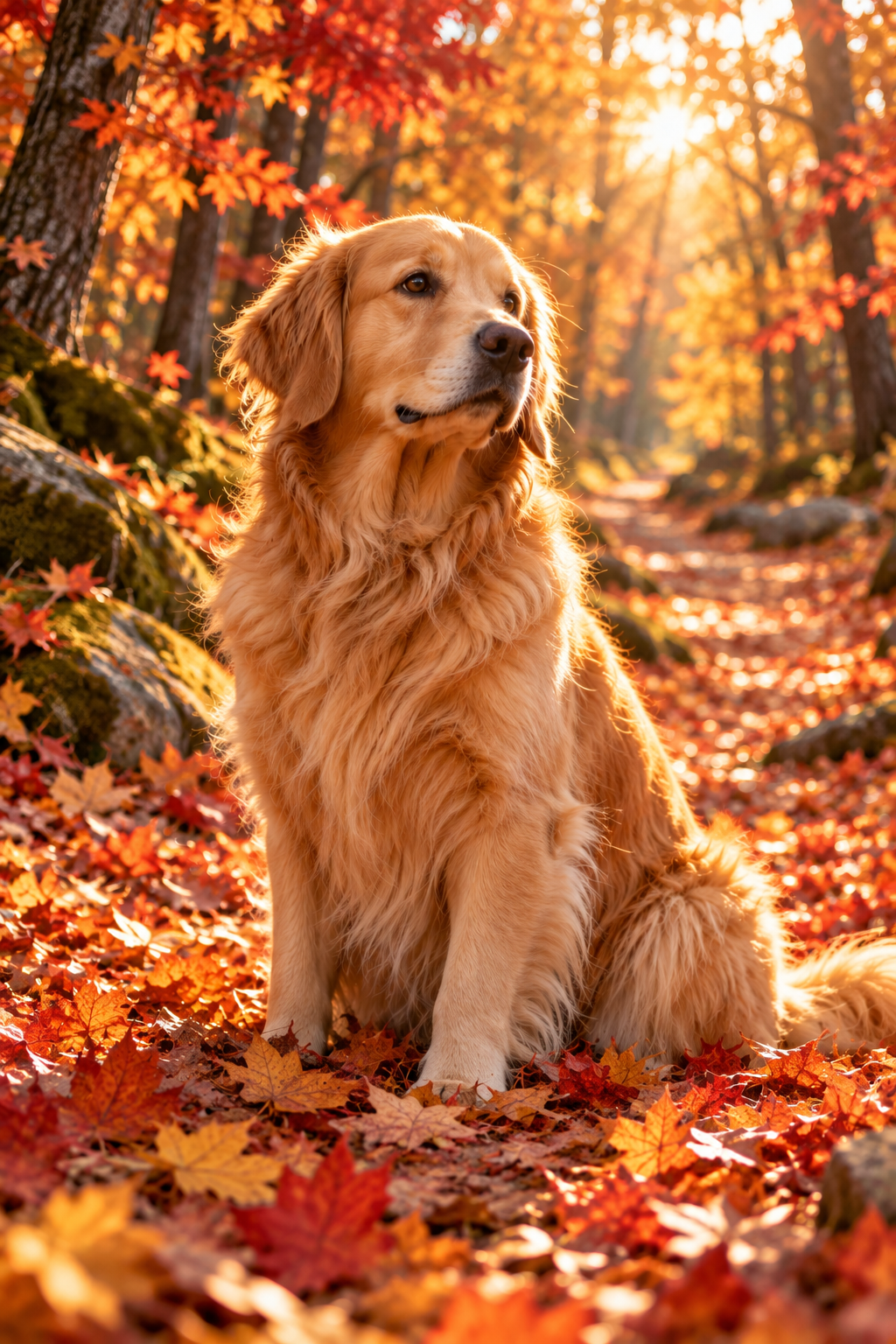A golden retriever sitting among autumn leaves in warm backlight
